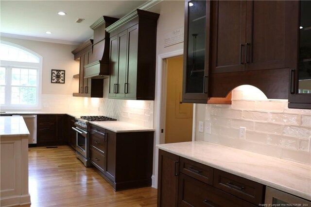 kitchen with appliances with stainless steel finishes, ornamental molding, custom range hood, backsplash, and light wood-type flooring