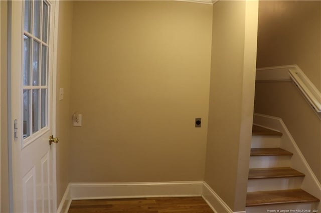 clothes washing area with wood-type flooring and electric dryer hookup