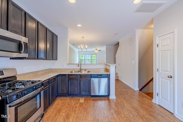 kitchen featuring pendant lighting, sink, kitchen peninsula, stainless steel appliances, and light wood-type flooring