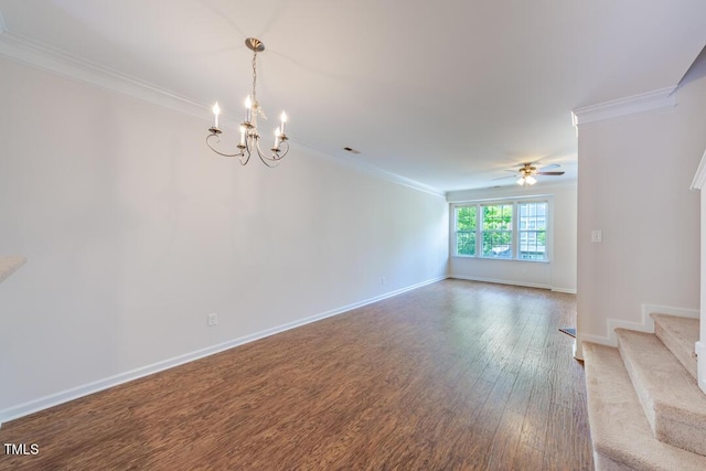 unfurnished living room featuring ornamental molding, wood-type flooring, and ceiling fan with notable chandelier