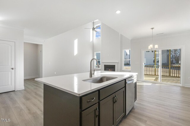 kitchen featuring stainless steel dishwasher, light hardwood / wood-style flooring, pendant lighting, a kitchen island with sink, and sink