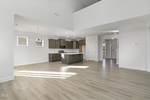 unfurnished living room with a high ceiling, crown molding, light hardwood / wood-style flooring, and sink