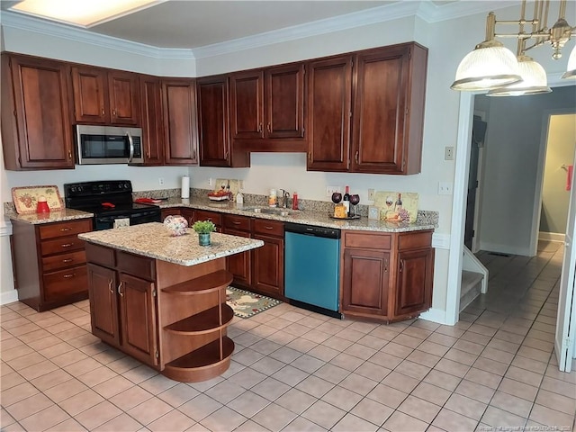 kitchen with pendant lighting, a center island, light tile patterned floors, crown molding, and appliances with stainless steel finishes