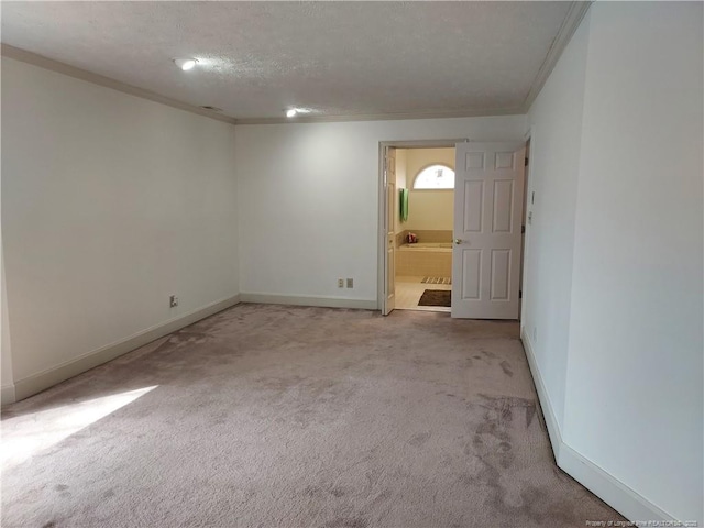 unfurnished room featuring a textured ceiling, crown molding, and light colored carpet