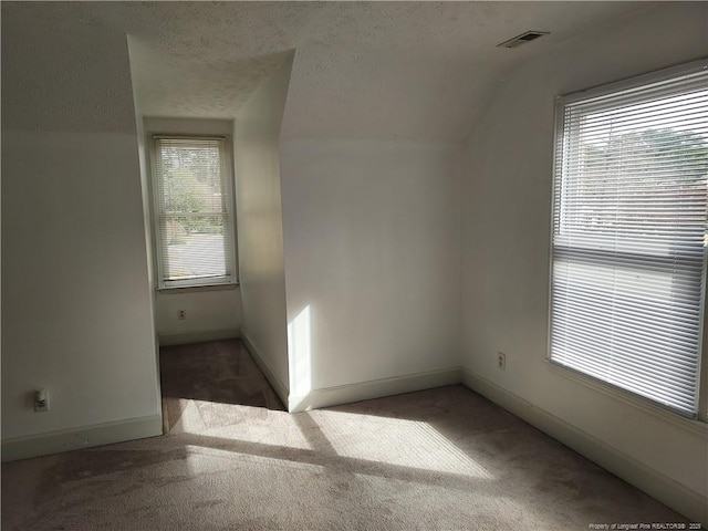 bonus room featuring a textured ceiling, vaulted ceiling, a wealth of natural light, and dark colored carpet