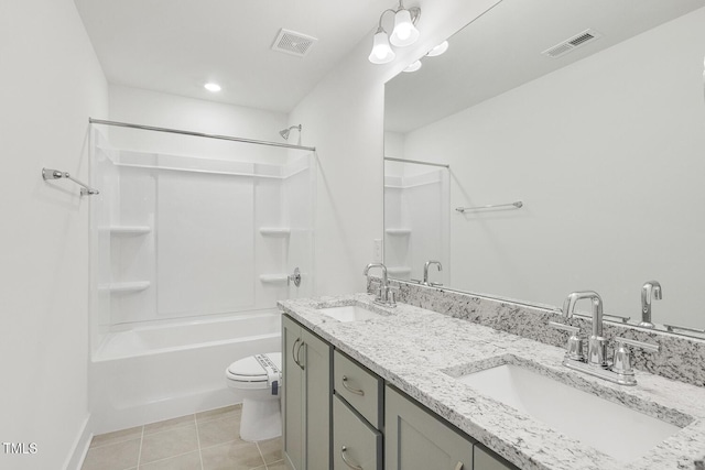 full bathroom with shower / washtub combination, vanity, tile patterned floors, and toilet