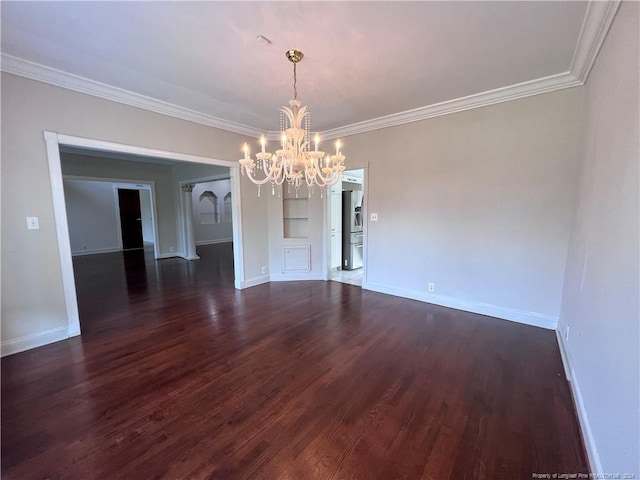 unfurnished dining area with ornamental molding, dark wood-type flooring, and an inviting chandelier