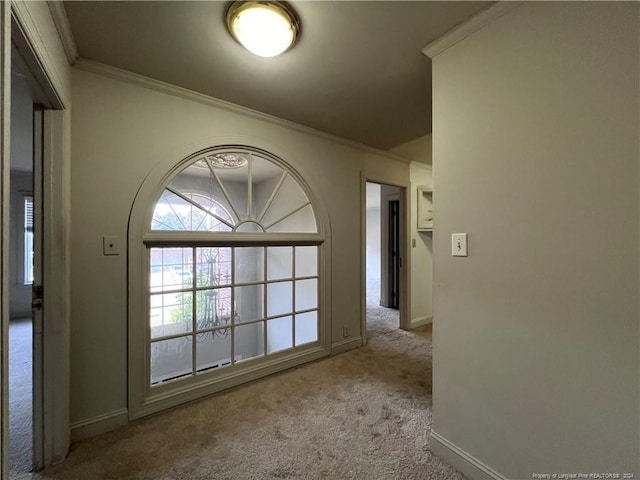 carpeted spare room with crown molding