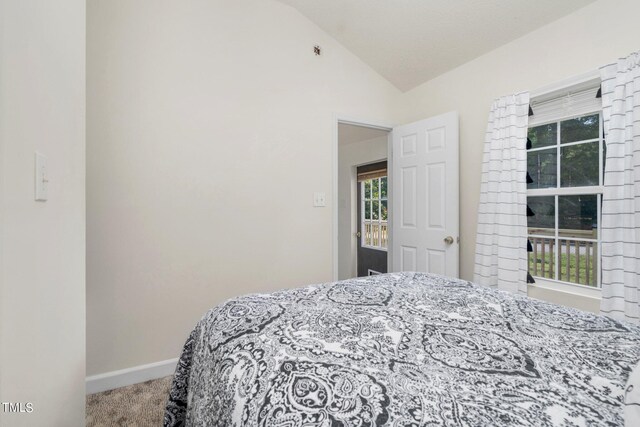 carpeted bedroom with lofted ceiling