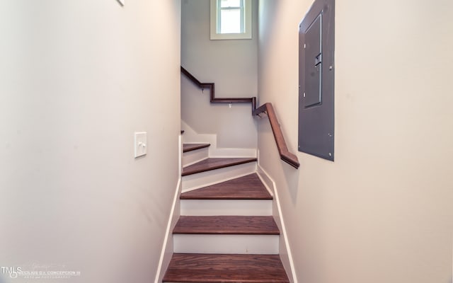 stairs featuring hardwood / wood-style flooring and electric panel