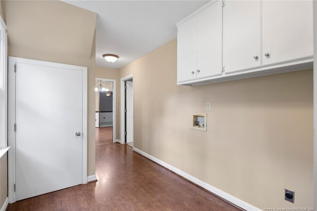 laundry area featuring washer hookup, dark wood-type flooring, cabinets, and hookup for an electric dryer