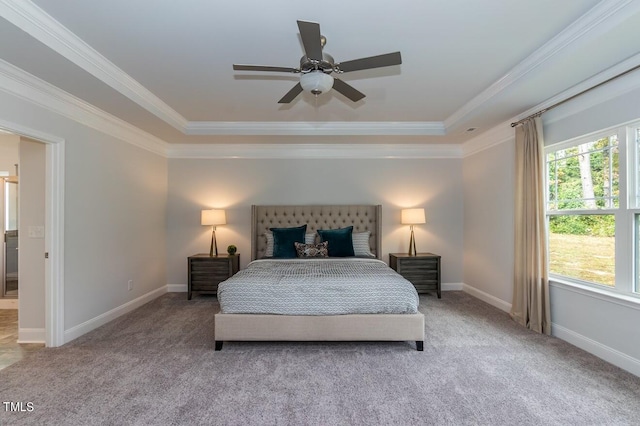 bedroom featuring a raised ceiling, ornamental molding, and carpet