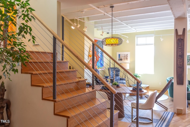 stairs with hardwood / wood-style floors