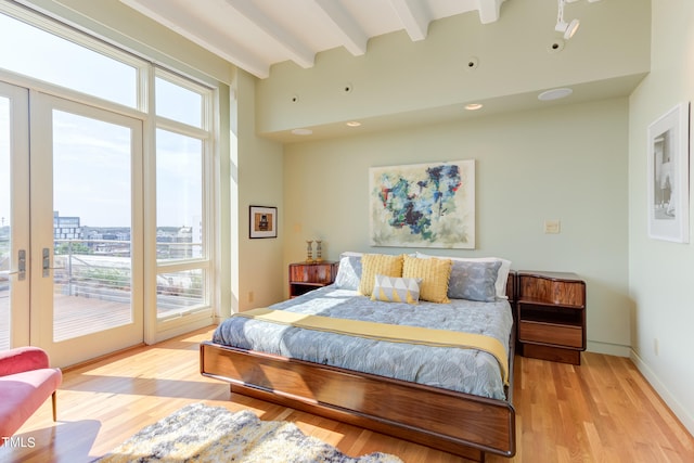 bedroom featuring light hardwood / wood-style flooring, access to outside, and multiple windows