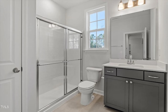 bathroom with vanity, a shower stall, toilet, and baseboards