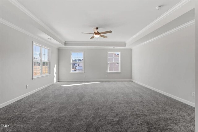 carpeted spare room with ornamental molding, a tray ceiling, ceiling fan, and baseboards