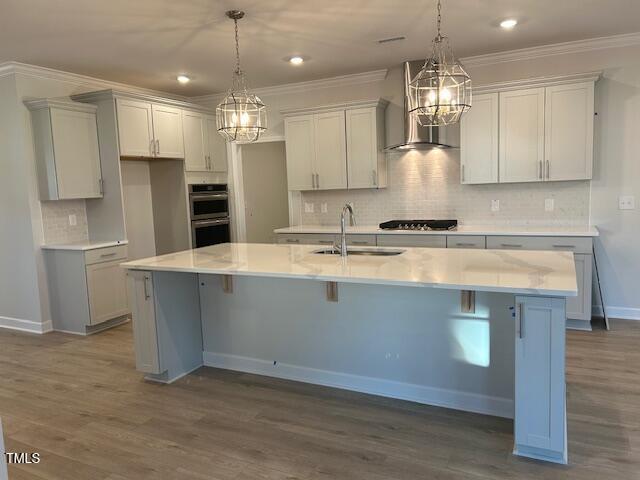 kitchen with dark hardwood / wood-style floors, sink, an island with sink, and hanging light fixtures