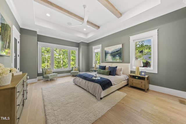 bedroom with light wood-type flooring, beamed ceiling, baseboards, visible vents, and recessed lighting