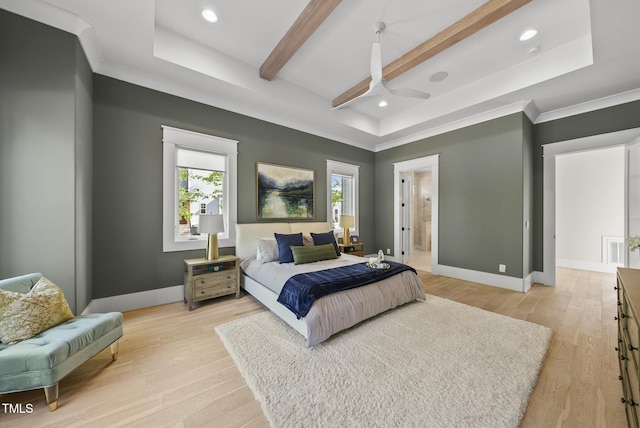bedroom with beamed ceiling, visible vents, recessed lighting, and light wood-style floors