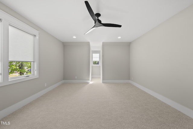 empty room with a ceiling fan, baseboards, and recessed lighting