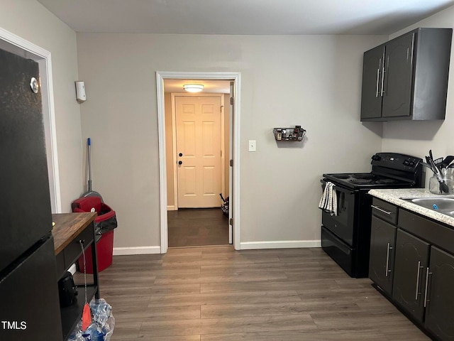 kitchen featuring fridge, hardwood / wood-style floors, and black range with electric stovetop