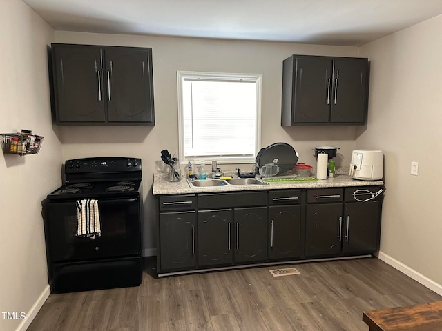 kitchen with wood-type flooring, sink, and black range with electric stovetop