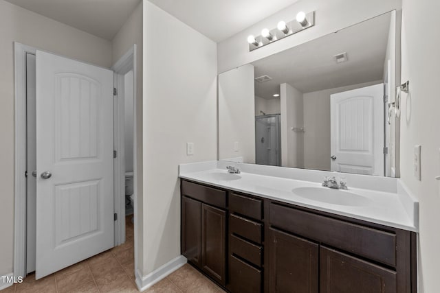 full bath featuring visible vents, a sink, a stall shower, and double vanity