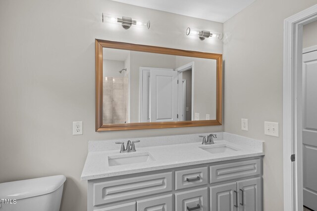 bathroom featuring toilet, vanity, and a shower