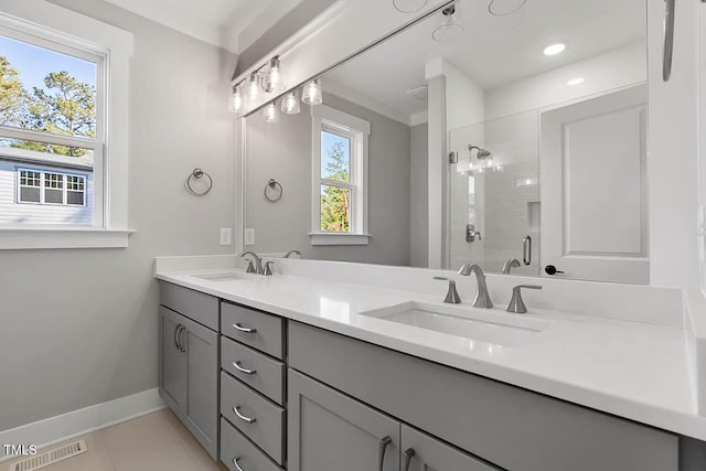 bathroom featuring tile patterned flooring, vanity, a healthy amount of sunlight, and walk in shower