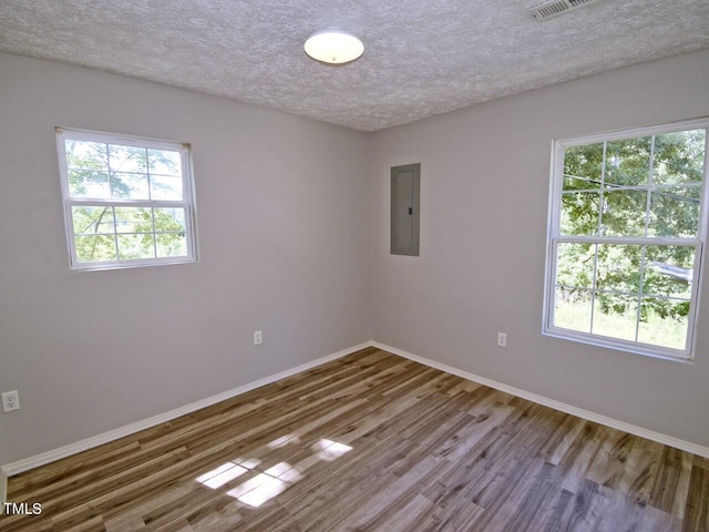 empty room featuring a textured ceiling, hardwood / wood-style floors, a healthy amount of sunlight, and electric panel