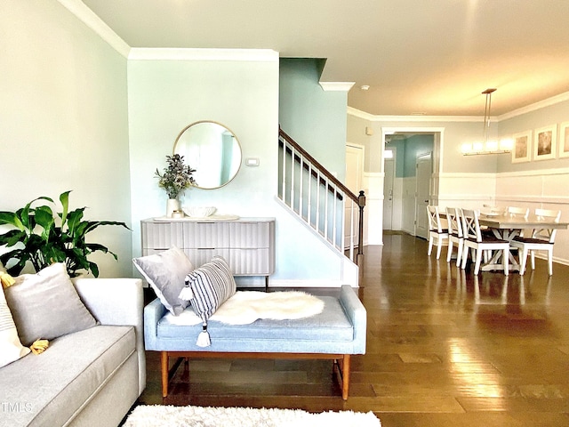 living room with crown molding and dark wood-type flooring