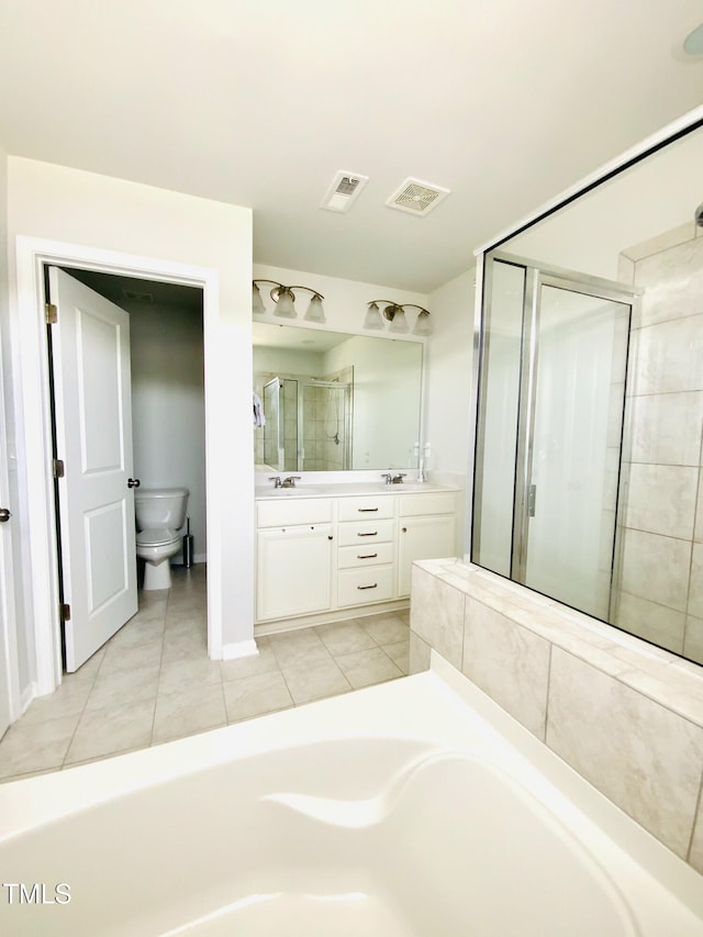 full bathroom with vanity, tile patterned flooring, plus walk in shower, and toilet