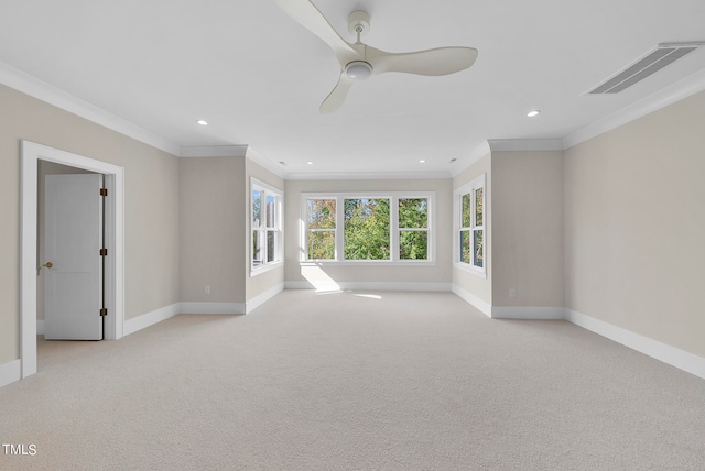 unfurnished living room featuring light carpet, crown molding, and ceiling fan