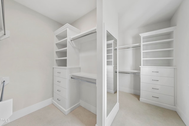 walk in closet with light carpet