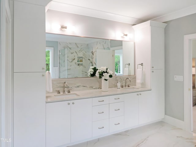 2506 Silas Peak Ln, Apex, NC 27523 - full bath with double vanity, marble finish flooring, a marble finish shower, and baseboards