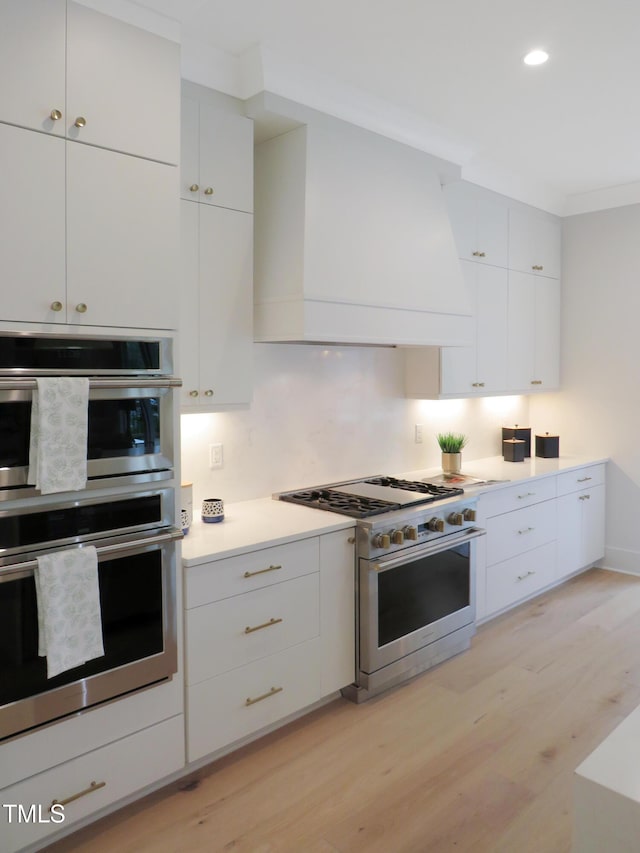 2506 Silas Peak Ln, Apex, NC 27523 - kitchen featuring appliances with stainless steel finishes, light wood-style floors, light countertops, custom exhaust hood, and white cabinetry