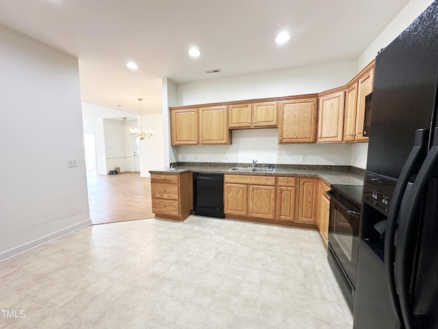 4712 Fox Fern Ln, Raleigh, NC 27604 - kitchen featuring black appliances, dark countertops, a chandelier, a sink, and recessed lighting