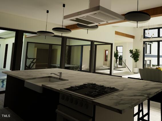 kitchen with wall oven, island exhaust hood, hanging light fixtures, sink, and gas cooktop