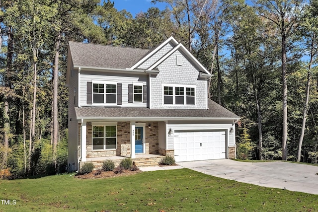 view of front facade with concrete driveway, a front yard, a porch, and a shingled roof