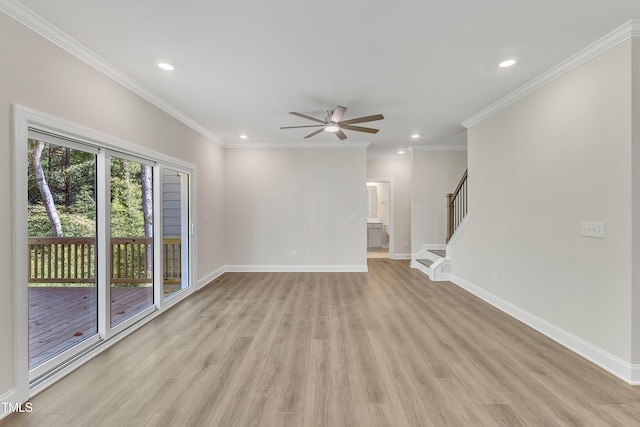 unfurnished living room featuring ornamental molding, light wood-type flooring, and ceiling fan