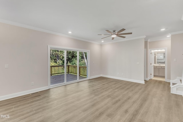 interior space with ornamental molding, light hardwood / wood-style flooring, and ceiling fan