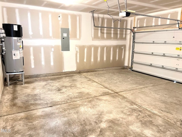 garage with water heater, electric panel, and a garage door opener