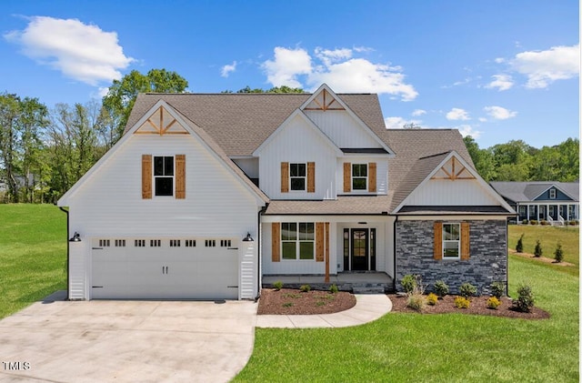 modern farmhouse style home with a shingled roof, a garage, a porch, a front yard, and concrete driveway
