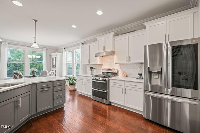 kitchen with gray cabinets, white cabinetry, appliances with stainless steel finishes, and dark hardwood / wood-style flooring