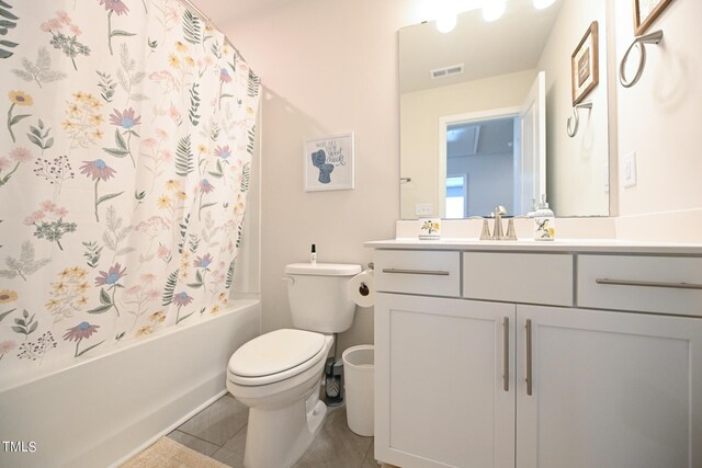 full bathroom featuring shower / bath combination with curtain, toilet, tile patterned floors, and vanity