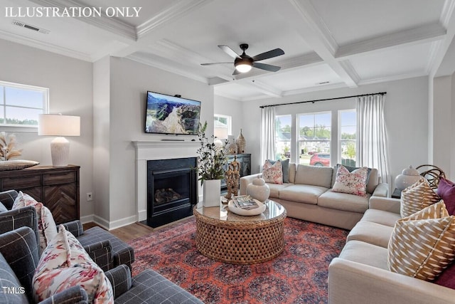 living room featuring hardwood / wood-style floors, plenty of natural light, crown molding, and coffered ceiling