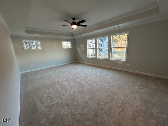 empty room with a healthy amount of sunlight, ornamental molding, and a tray ceiling