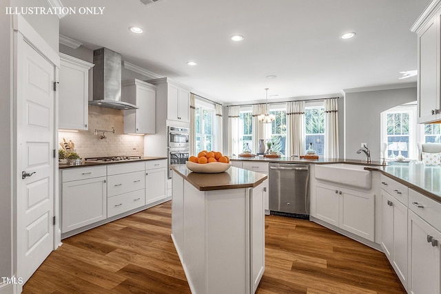 kitchen featuring stainless steel appliances, hardwood / wood-style flooring, wall chimney exhaust hood, and sink