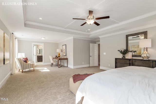 carpeted bedroom with a tray ceiling, ceiling fan, crown molding, and ensuite bathroom