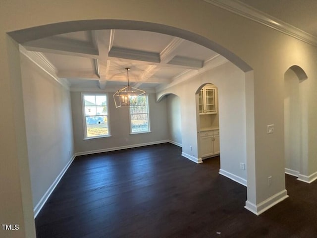 unfurnished dining area featuring dark hardwood / wood-style flooring, coffered ceiling, crown molding, a notable chandelier, and beamed ceiling